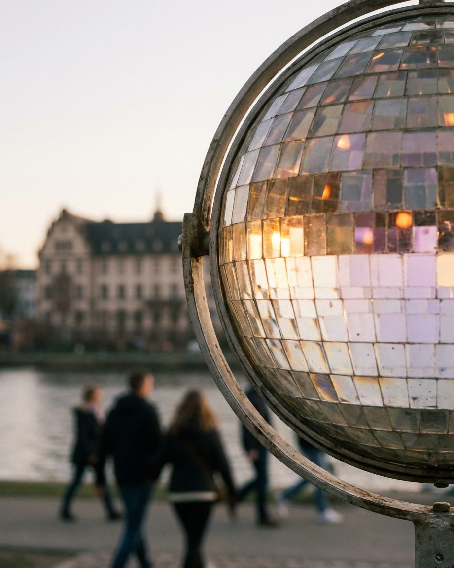 Nahaufnahme einer Discokugel-Facette, in der sich farbige Lichtpunkte brechen.