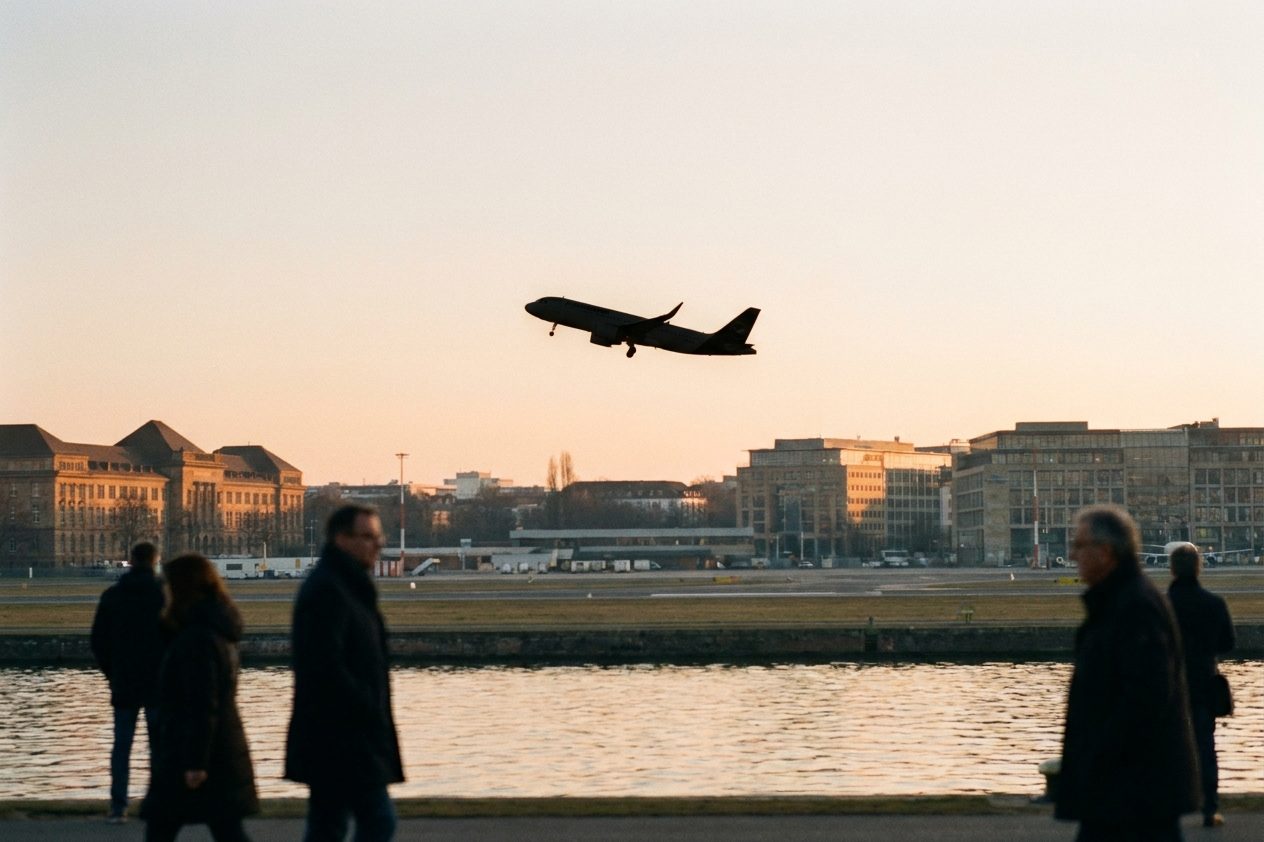 Ein startendes Flugzeug als Silhouette über dem Vorfeld in der orange glühenden Abenddämmerung.