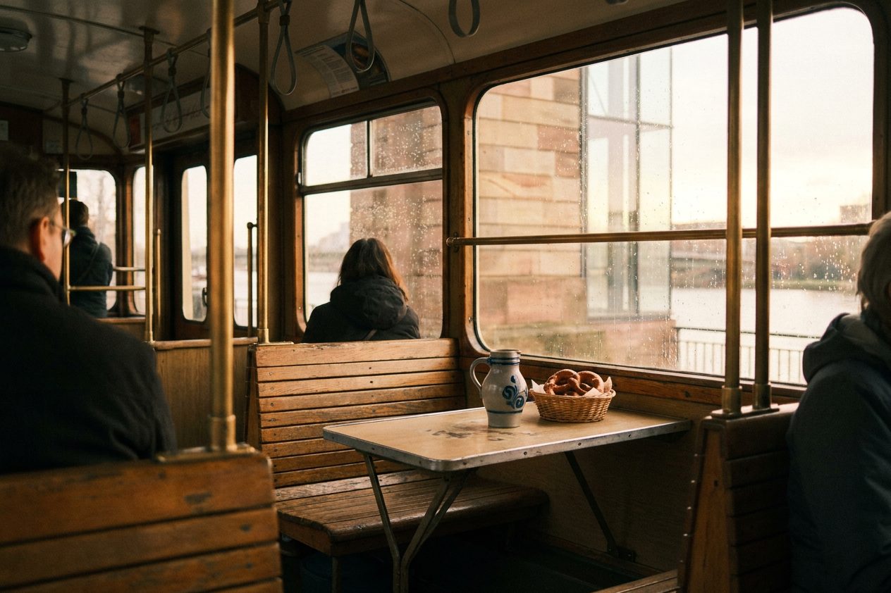 Innenraum des historischen Triebwagens mit Holzbänken, Haltestangen und einem Bembel mit Brezelkorb auf einem Klapptisch.