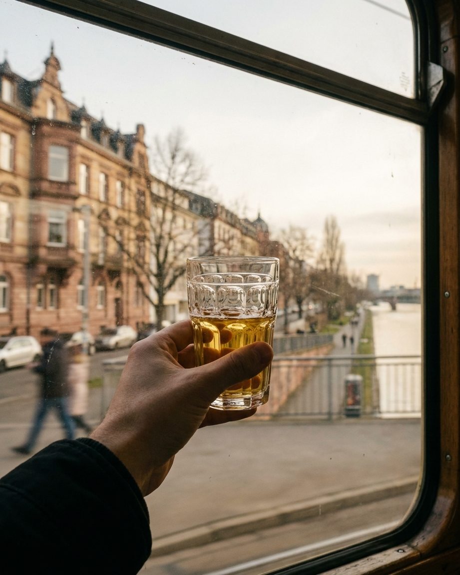 Eine Hand hält ein Geripptes gegen das Wagenfenster, draußen ziehen unscharf Gründerzeitfassaden vorbei.