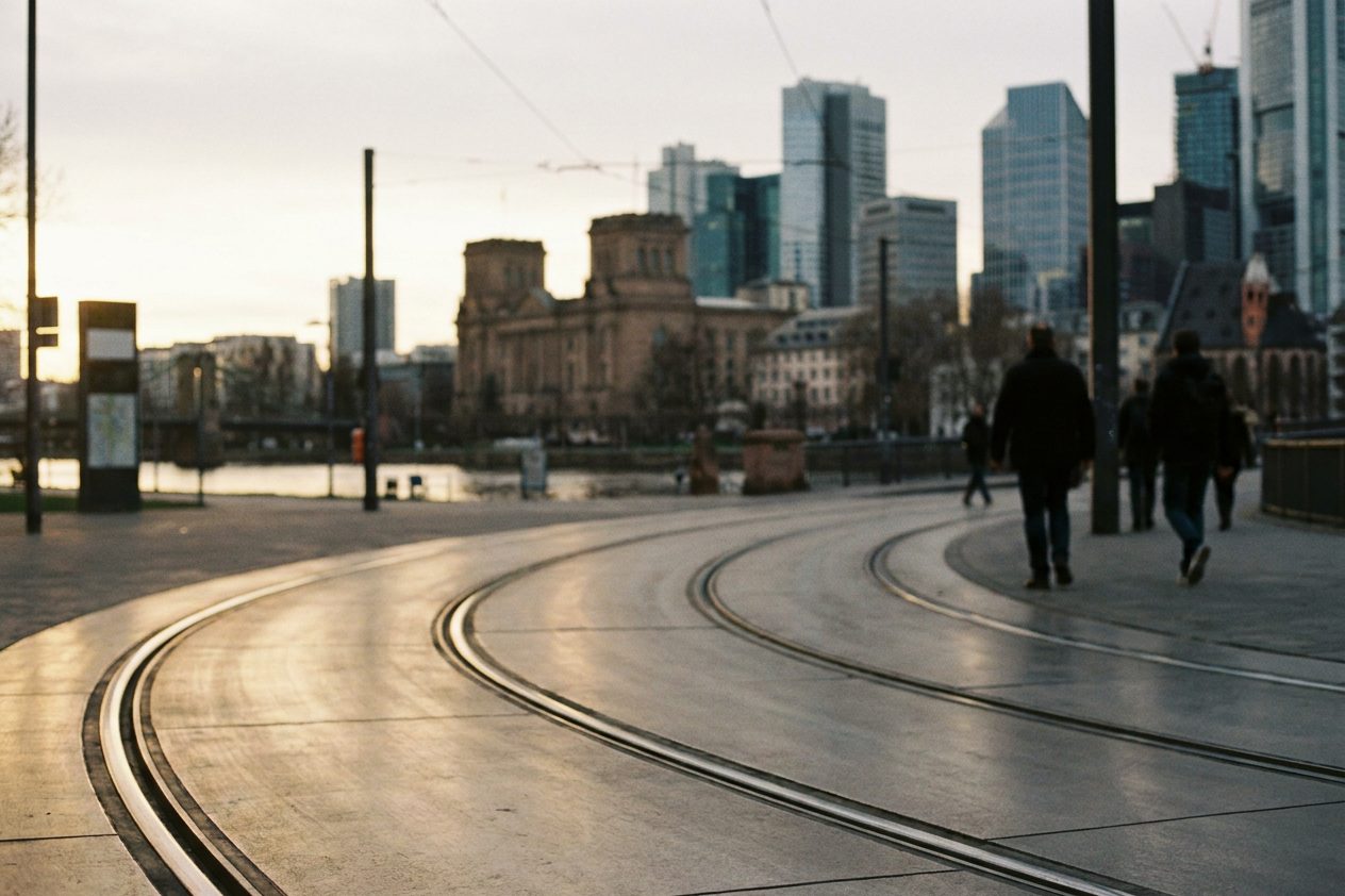 Glänzende Straßenbahnschienen in einer Kurve im Abendlicht, im Hintergrund unscharf die Türme der Innenstadt.