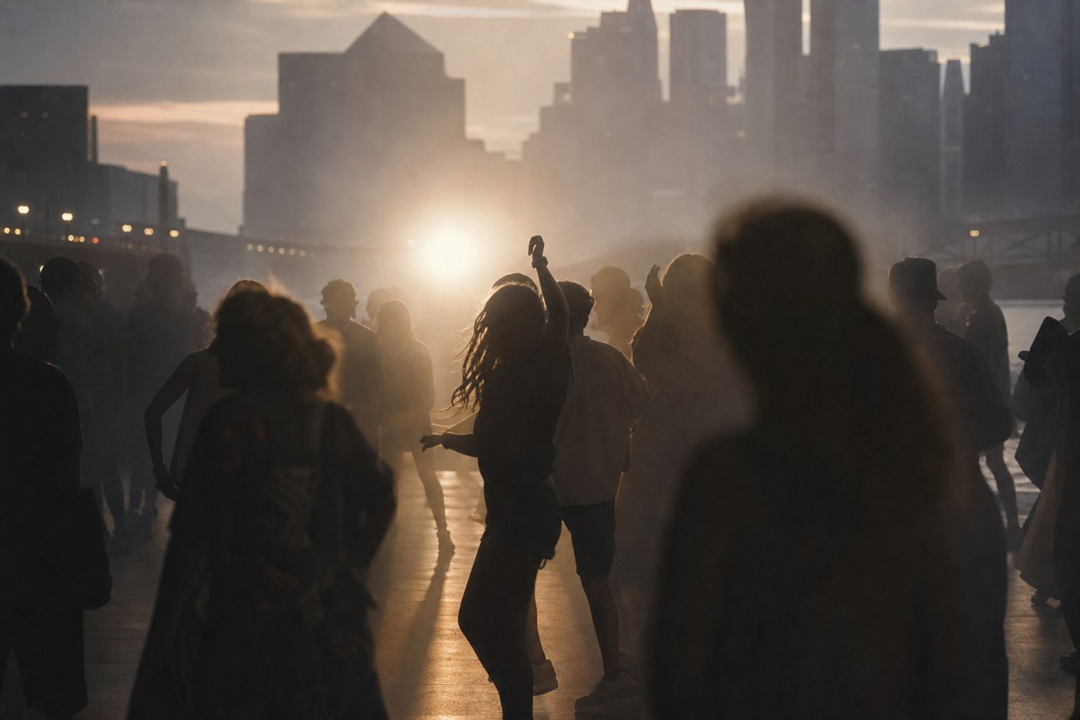 Tanzende Silhouetten im Nebel eines Clubs, ein Scheinwerfer schneidet Gegenlicht durch den Raum, keine Gesichter erkennbar.