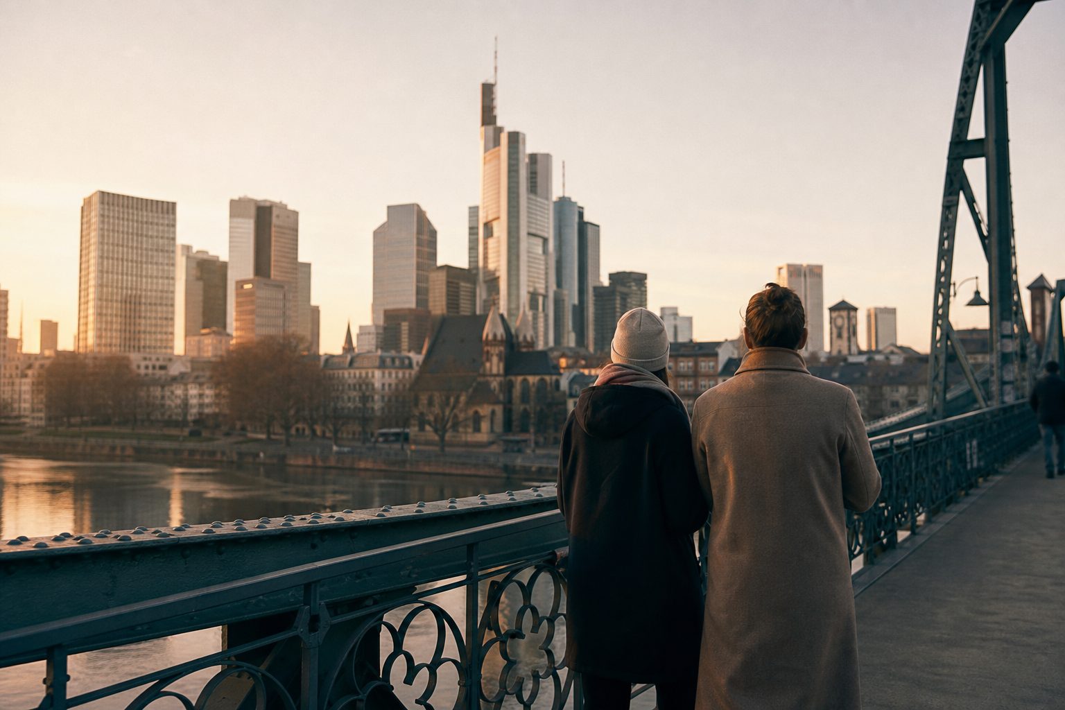 Zwei Gestalten von hinten auf dem Eisernen Steg im Morgengrauen, dahinter die Frankfurter Skyline im ersten Licht.