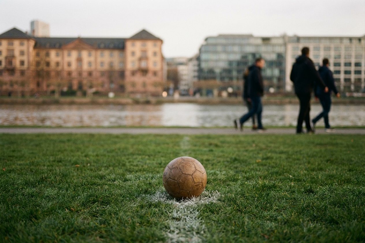 Nahaufnahme eines Fußballs auf dem Elfmeterpunkt, kurz geschnittener Rasen.