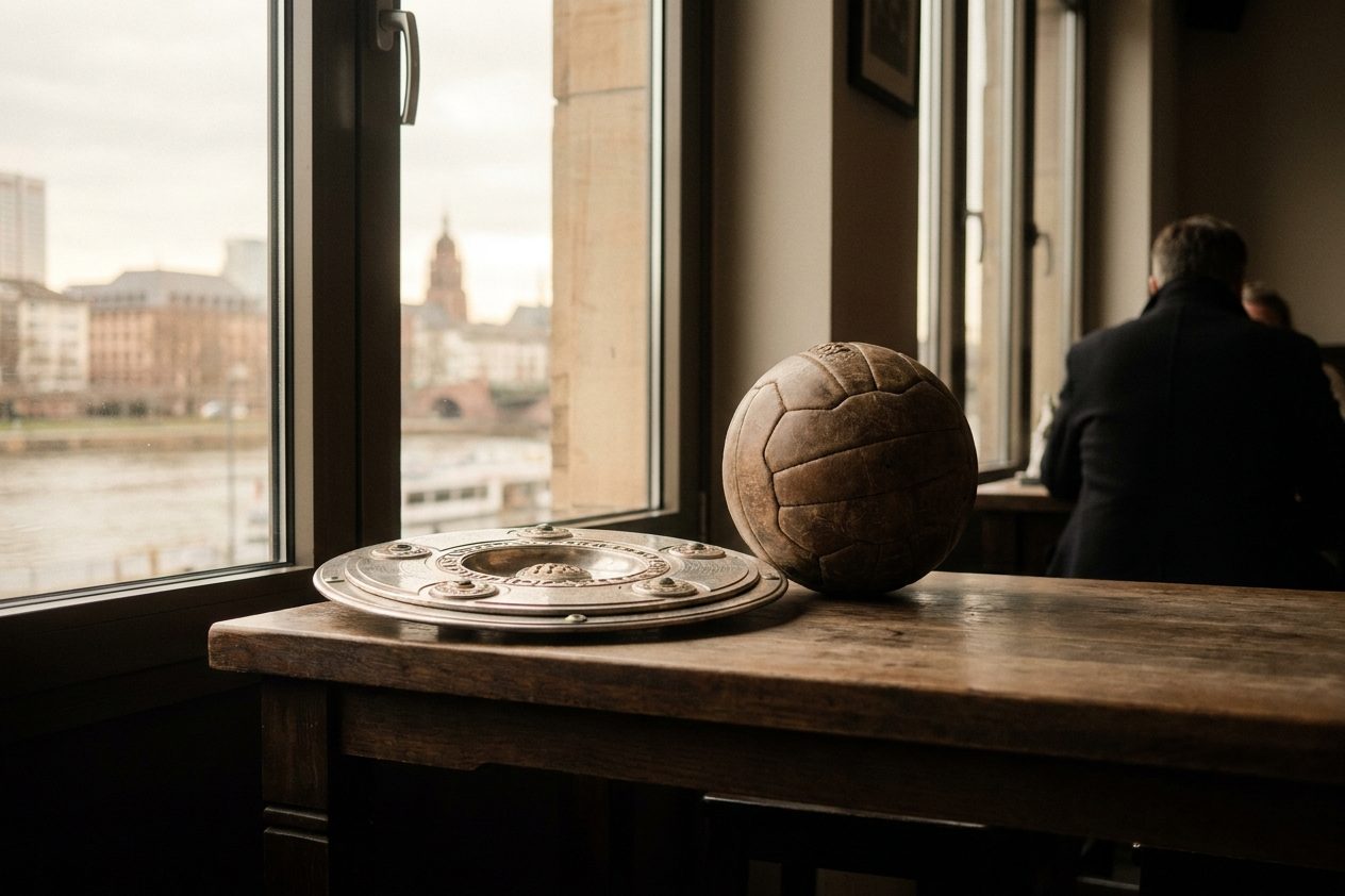 Vergilbt wirkende Vereinsschale und alter Lederfußball auf dunklem Holztisch.