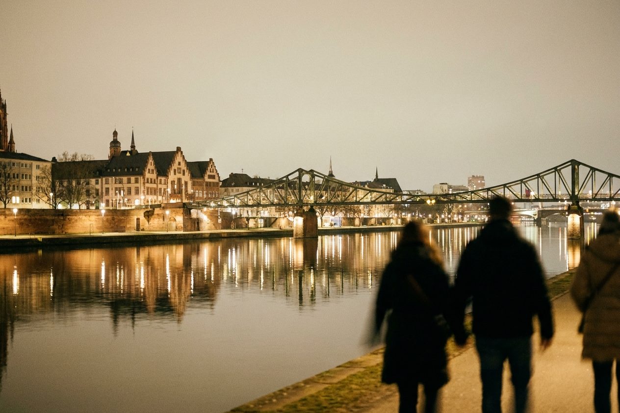 Der Eiserne Steg bei Nacht, die Lichter der Stadt spiegeln sich im ruhigen Wasser des Mains.