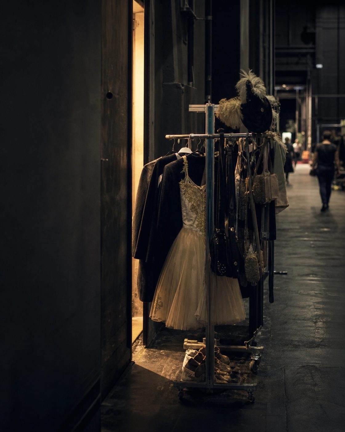 Ein Kostümständer mit Requisiten in einem schmalen Backstage-Gang, ein Lichtstreif fällt aus der Garderobe, hochkant.