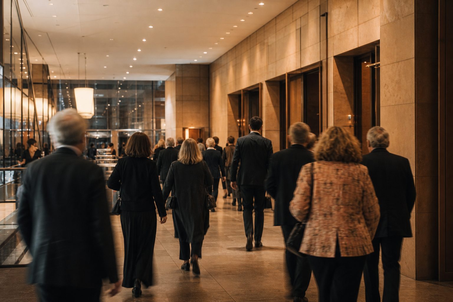 Besucher von hinten, die abends durch ein hell erleuchtetes Foyer in Richtung der Saaltüren strömen.