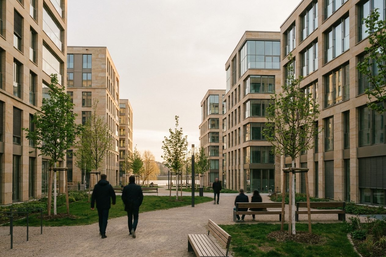 Junger Park mit frisch gepflanzten Bäumen und Wegen zwischen neuen Wohngebäuden