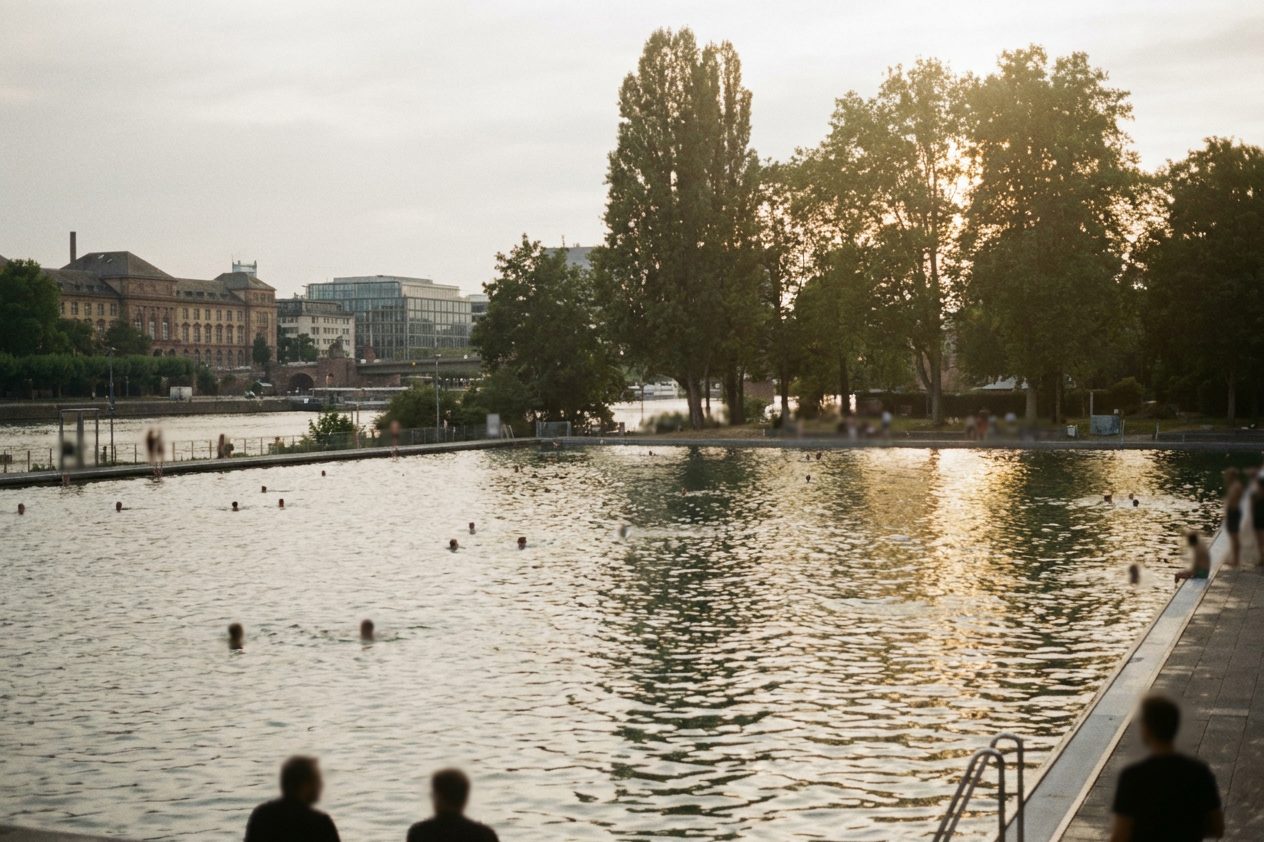 Weite Wasserfläche eines großen Freibadbeckens mit Schwimmern als kleinen Punkten, hohe Bäume säumen den Beckenrand.