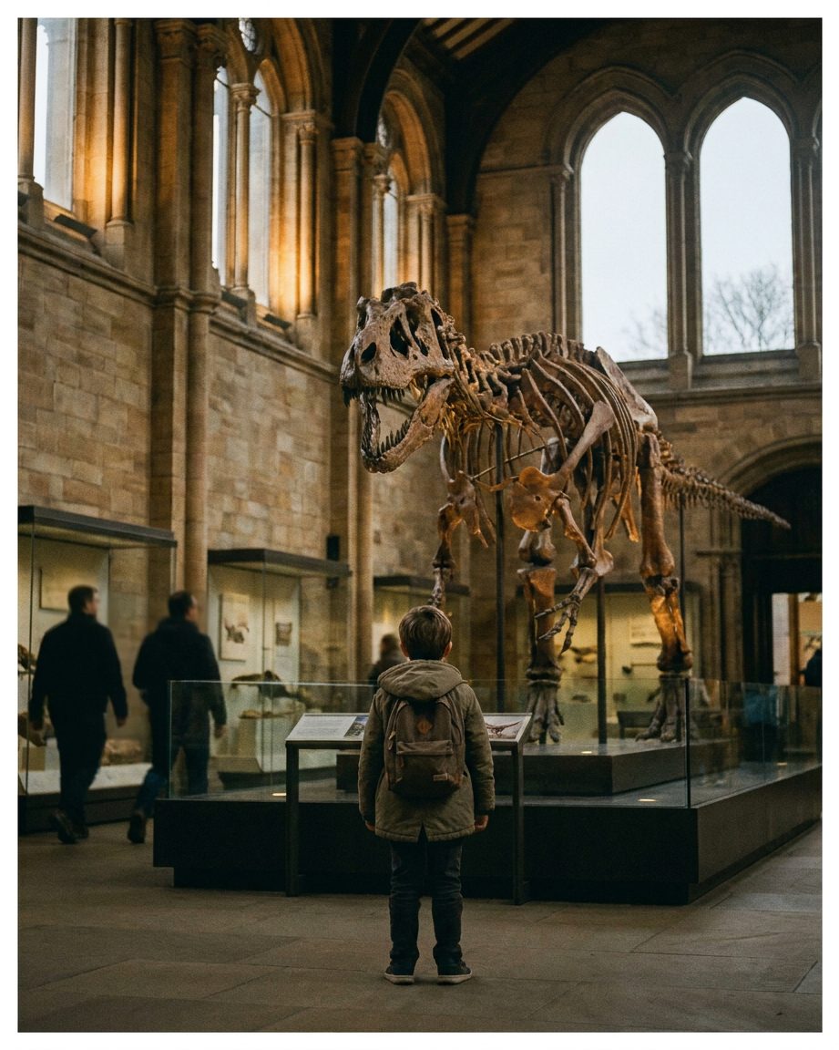 Ein Kind steht von hinten vor einem riesigen Dinosaurierskelett im Museum, warmes Oberlicht fällt herab, Hochformat.