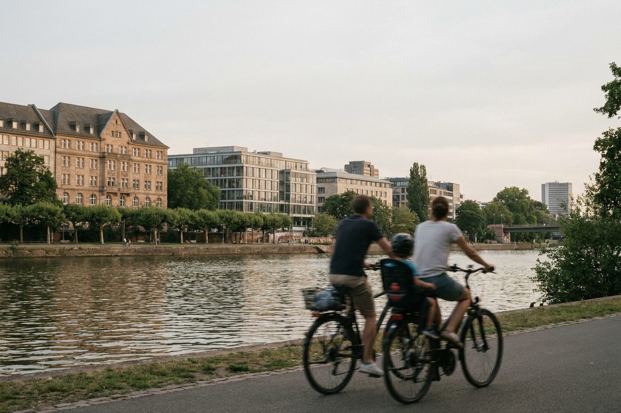 Eine Familie mit Fahrrädern fährt von hinten über den Uferweg entlang der Nidda im warmen Abendlicht.