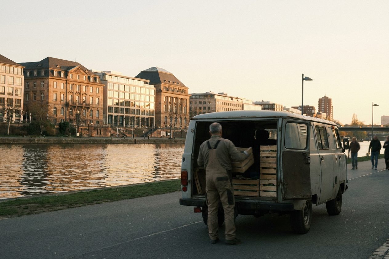 Ein Händler lädt Kisten in einen Transporter, tiefstehende Sonne über dem Museumsufer am frühen Nachmittag.