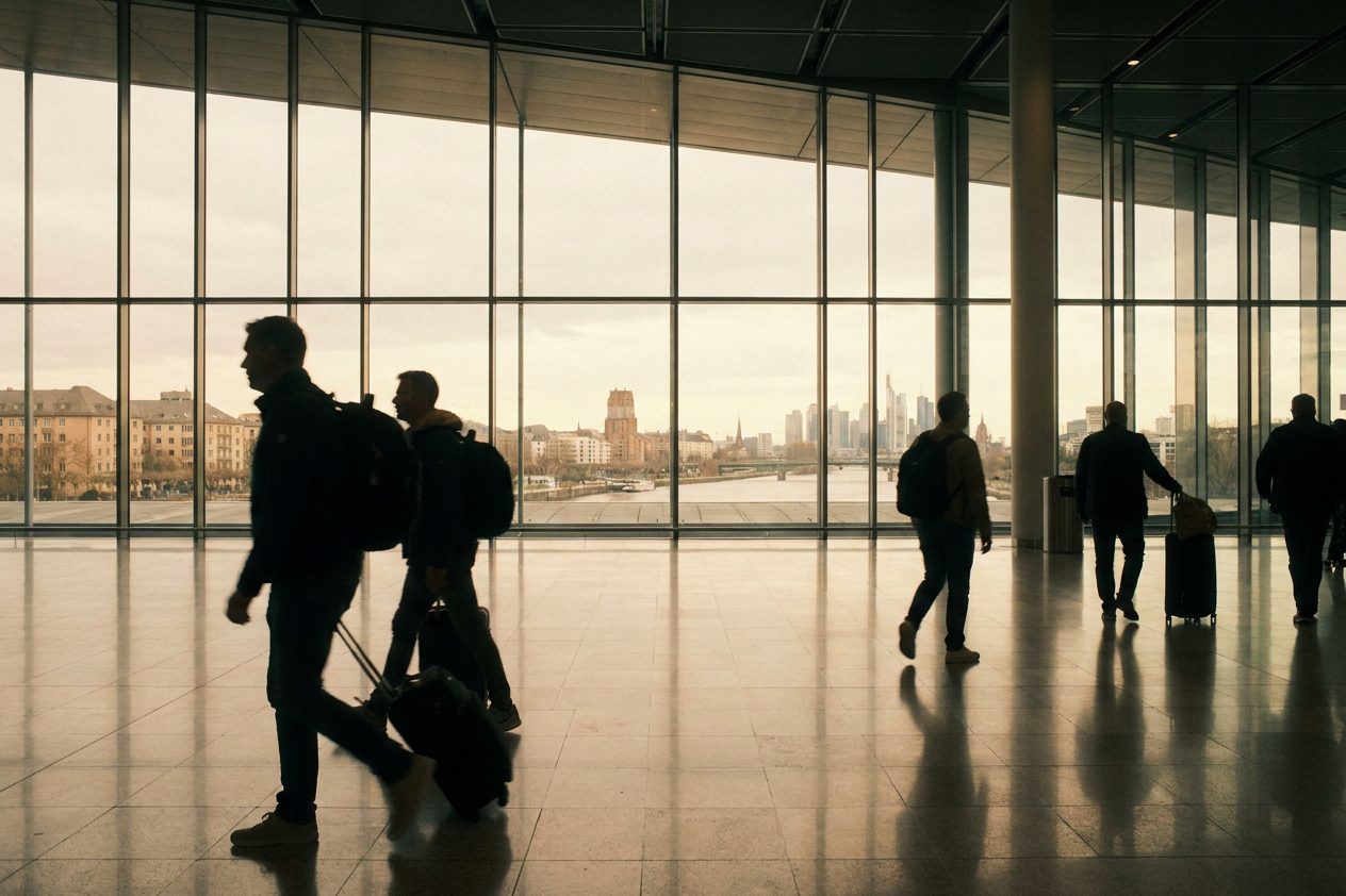 Die lange Glasfront des neuen Terminal 3 von innen, Reisende als Schemen im Gegenlicht auf spiegelndem Boden.