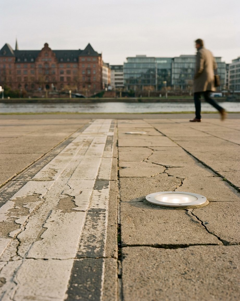 Alte Rollfeldmarkierungen und Betonplatten mit breiten Fugen im Streiflicht, daneben moderne Befeuerungstechnik.