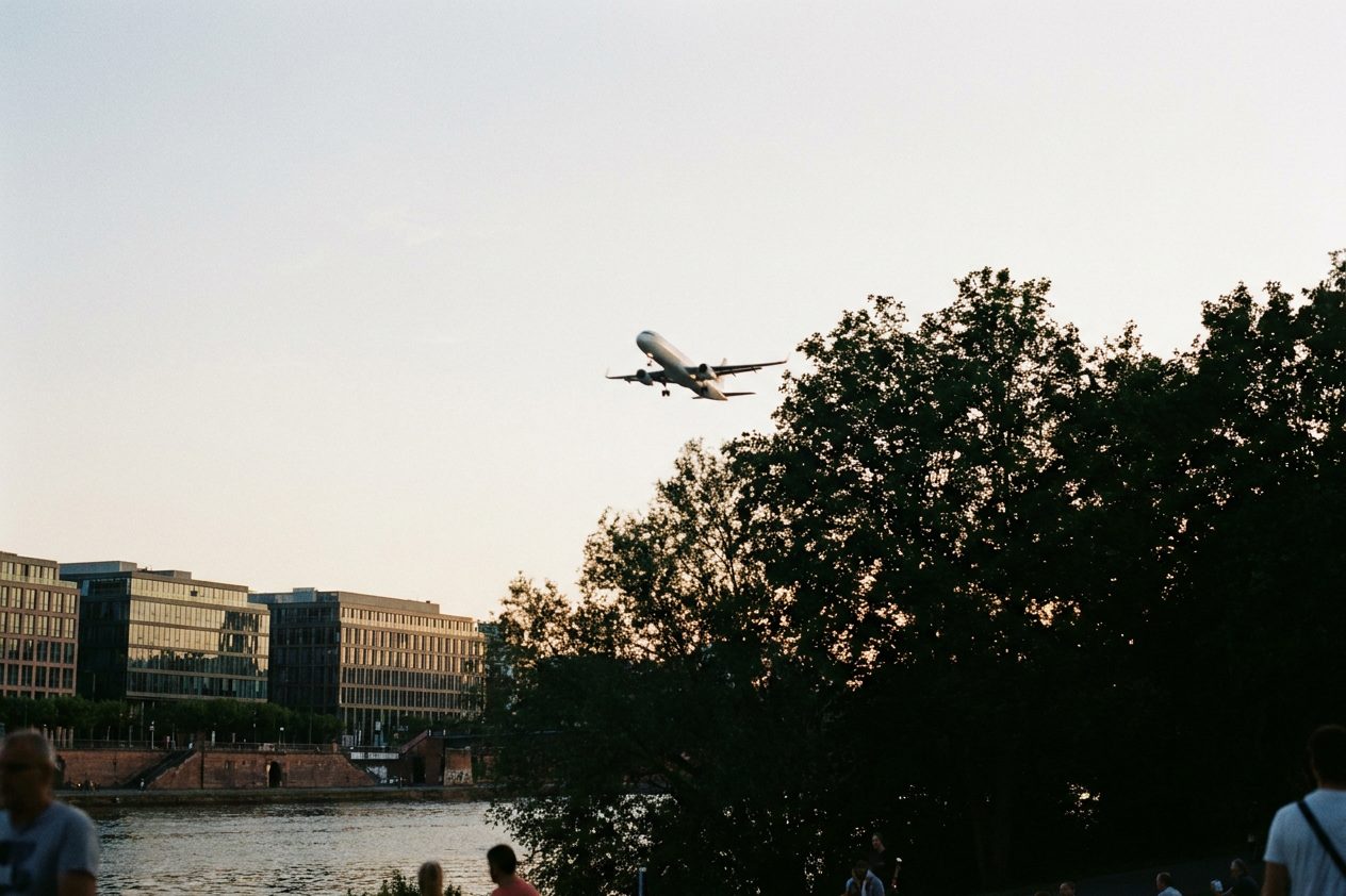 Ein startendes Flugzeug in der Abenddämmerung über den dunklen Baumkronen des Frankfurter Stadtwalds.