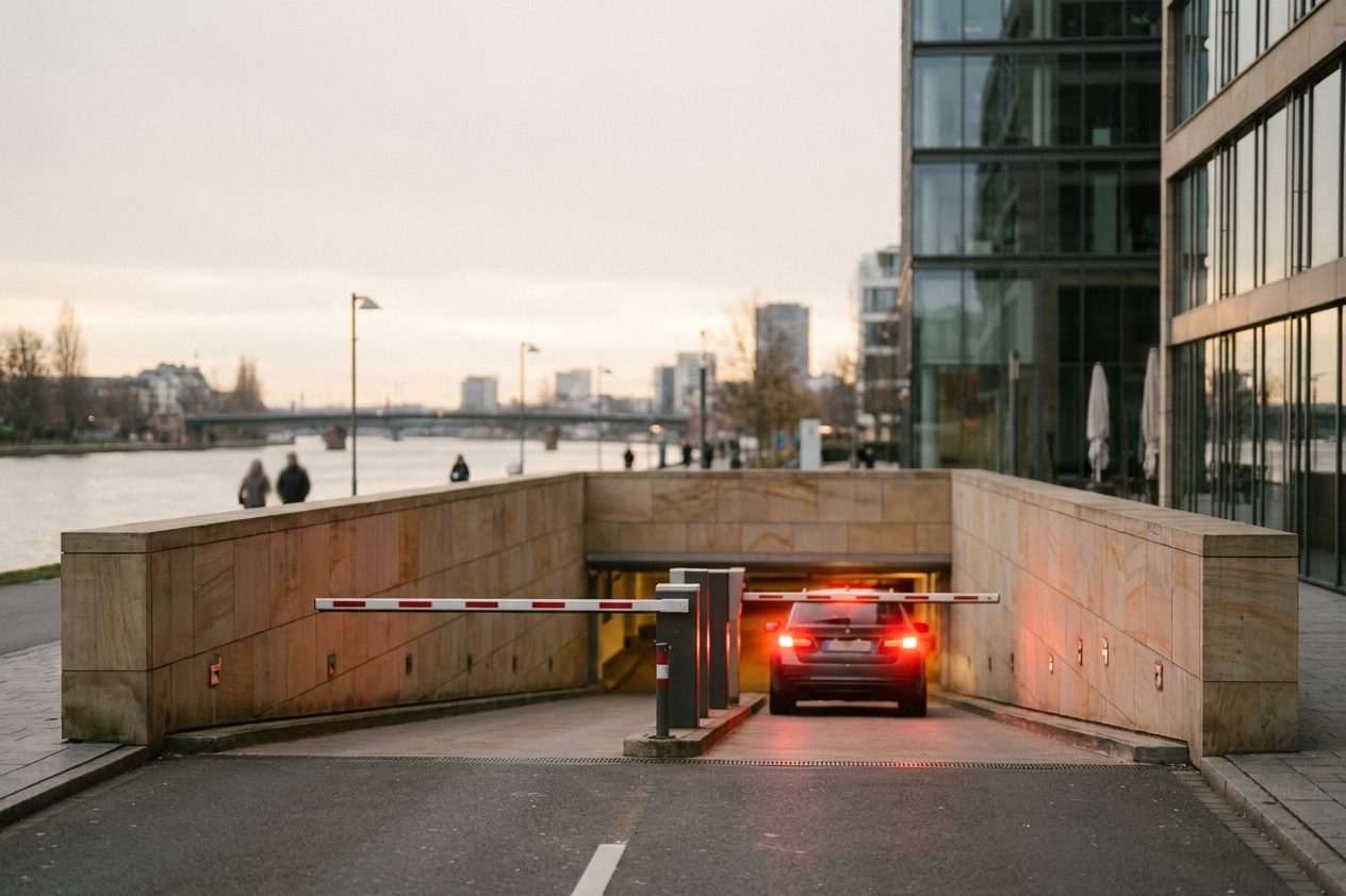 Schrankenanlage einer Parkhauseinfahrt am Flughafen, ein Auto fährt ein, warme Rücklichter im Halbdunkel.
