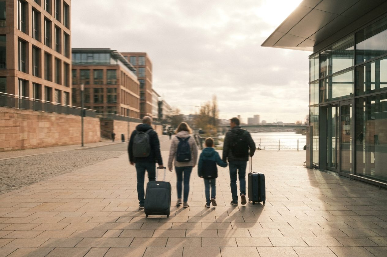 Eine Familie mit Koffern von hinten auf dem Fußweg vom Parkhaus zum Terminal im Morgenlicht.