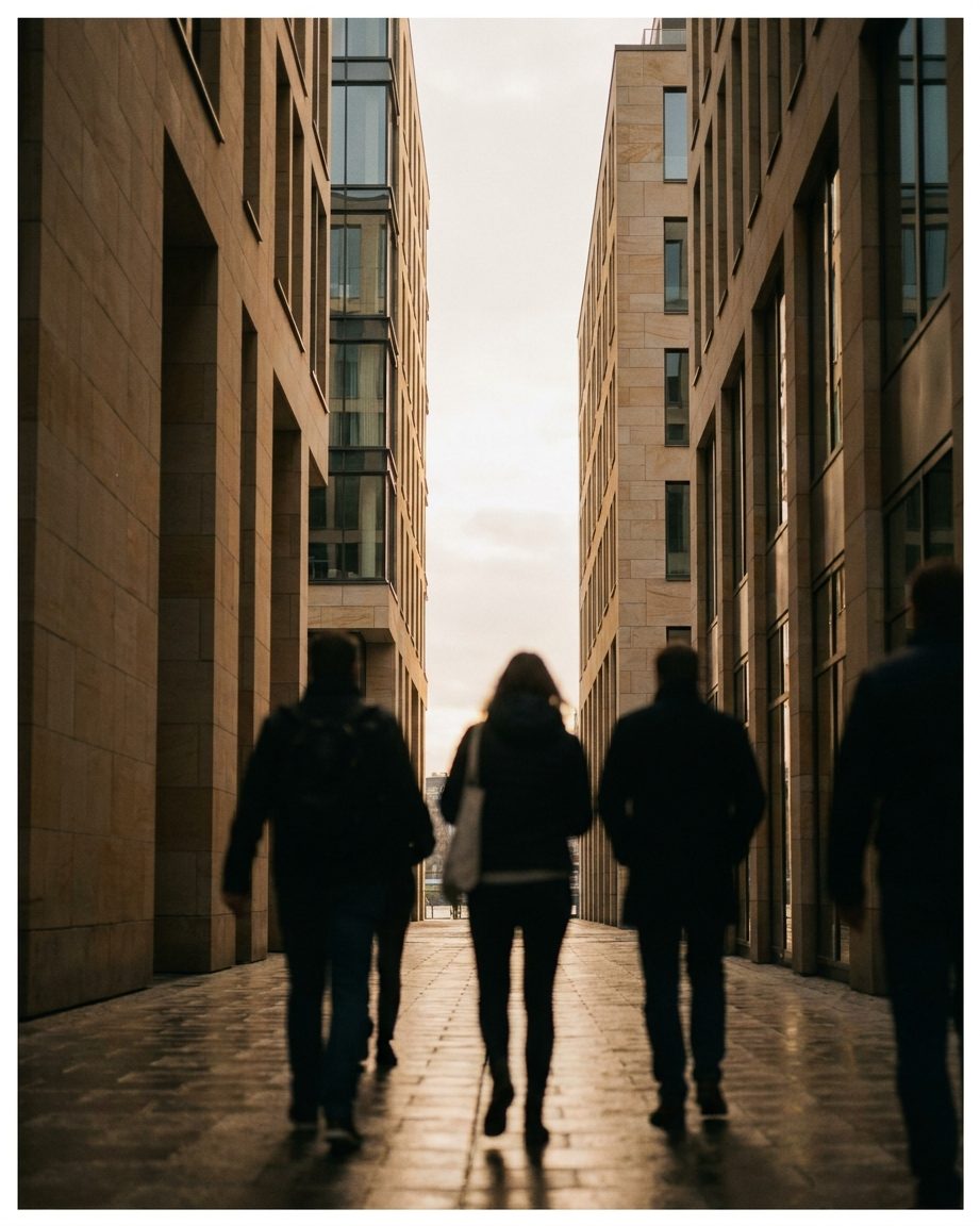 Blick durch eine schmale neue Fußgängergasse zwischen den FOUR-Türmen, Passanten als dunkle Silhouetten im Gegenlicht.