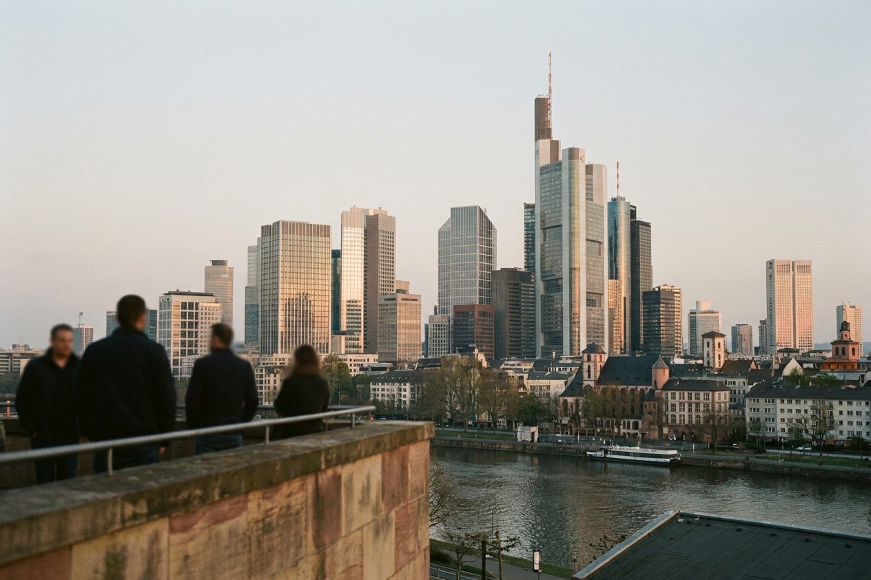 Die Glasfassaden der vier FOUR-Türme spiegeln das Abendrot, fotografiert von einer Dachterrasse der Frankfurter Innenstadt.