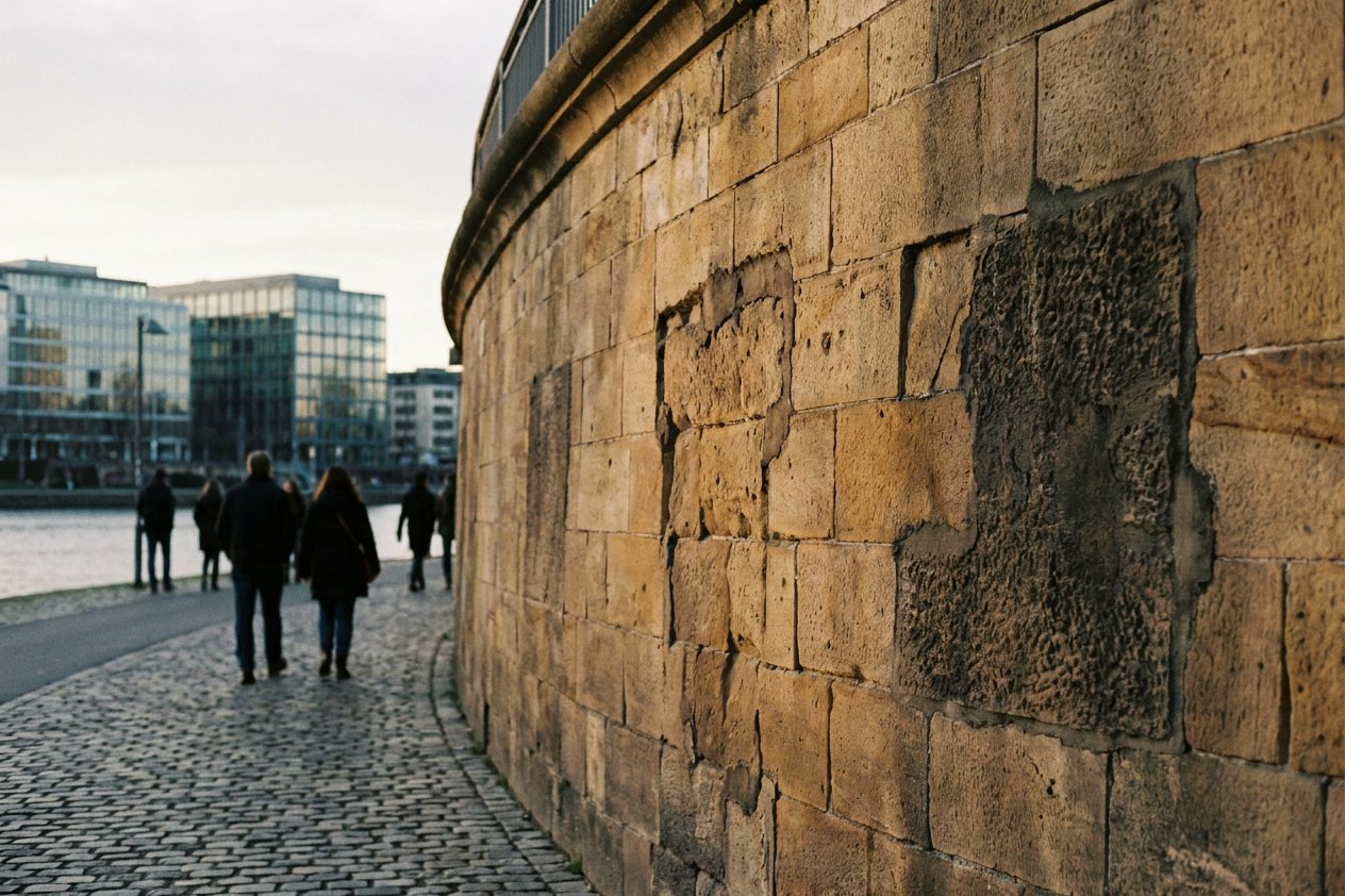 Vom Krieg gezeichnete, geflickte Sandsteinquader an einer alten Mauer der Frankfurter Innenstadt im Streiflicht.