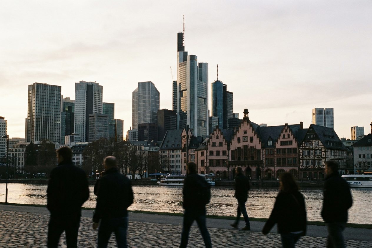 Die Bankenskyline in der Abenddämmerung hinter den wiederaufgebauten Giebeln des Römers.
