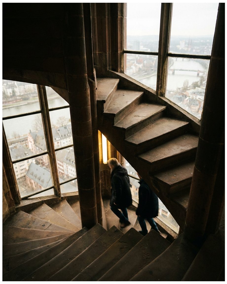 Die steinerne Wendeltreppe im Frankfurter Domturm von oben, warmes Licht aus einer Fensterscharte auf abgetretenen Sandsteinstufen.