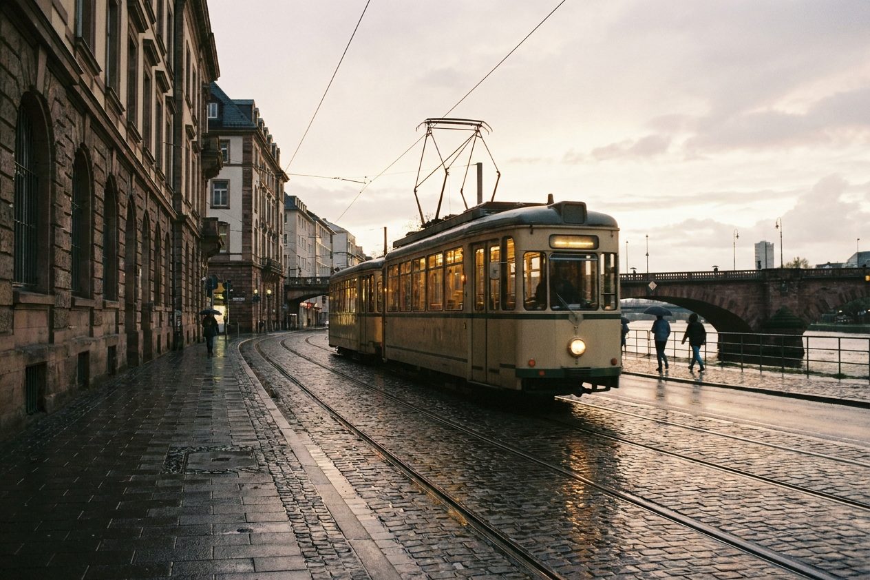 Eine historische Straßenbahn mit warm beleuchteten Fenstern auf regennasser Straße in der Dämmerung, Lichtreflexe auf den Gleisen.