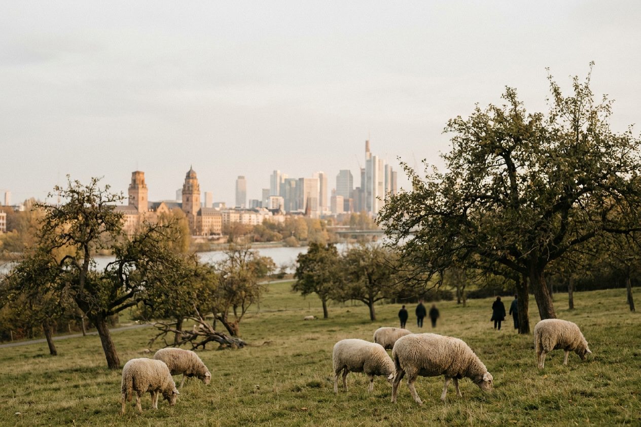 Streuobstwiese am Stadtrand mit weidenden Schafen, im Hintergrund klein und dunstig die Frankfurter Skyline.