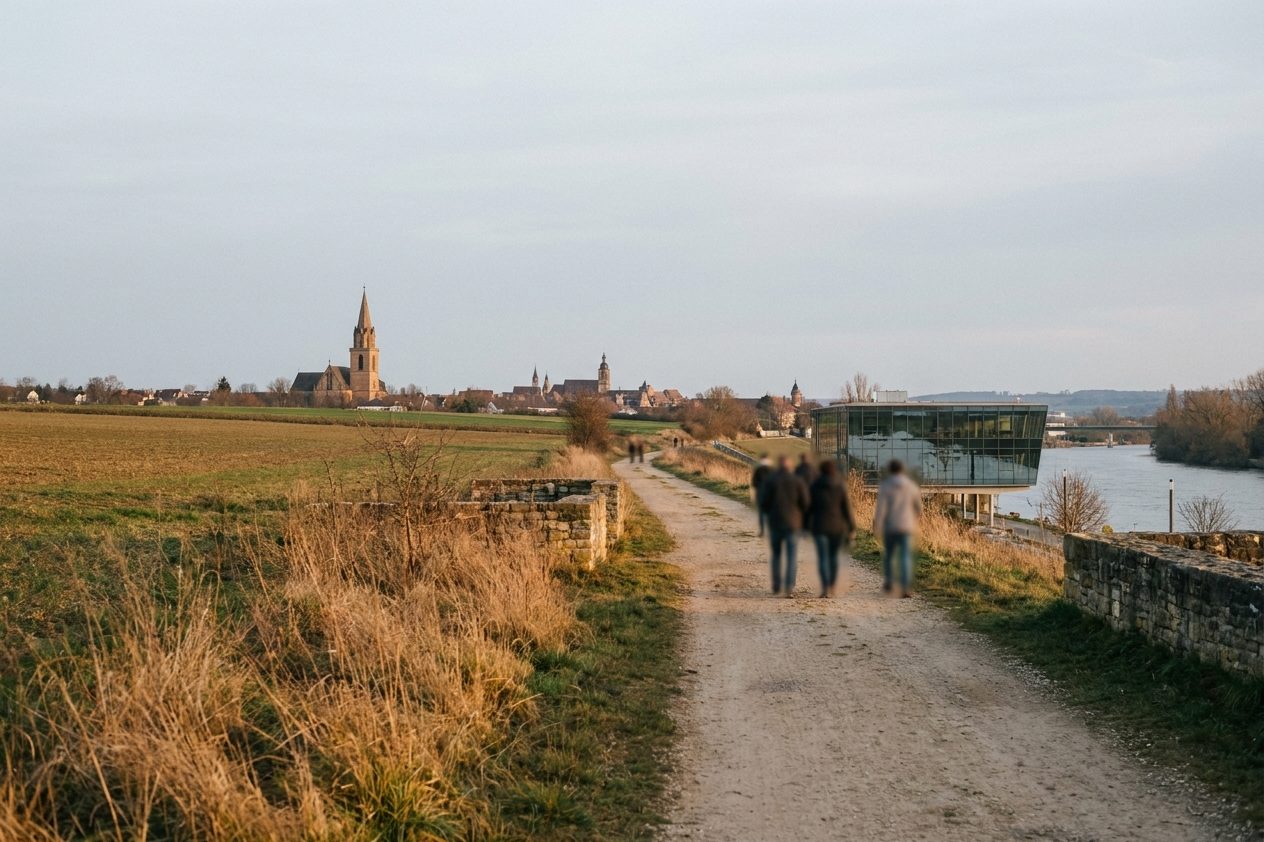 Ein Feldweg in der Abenddämmerung, am Horizont die Kirchturmspitze eines alten Ortskerns.