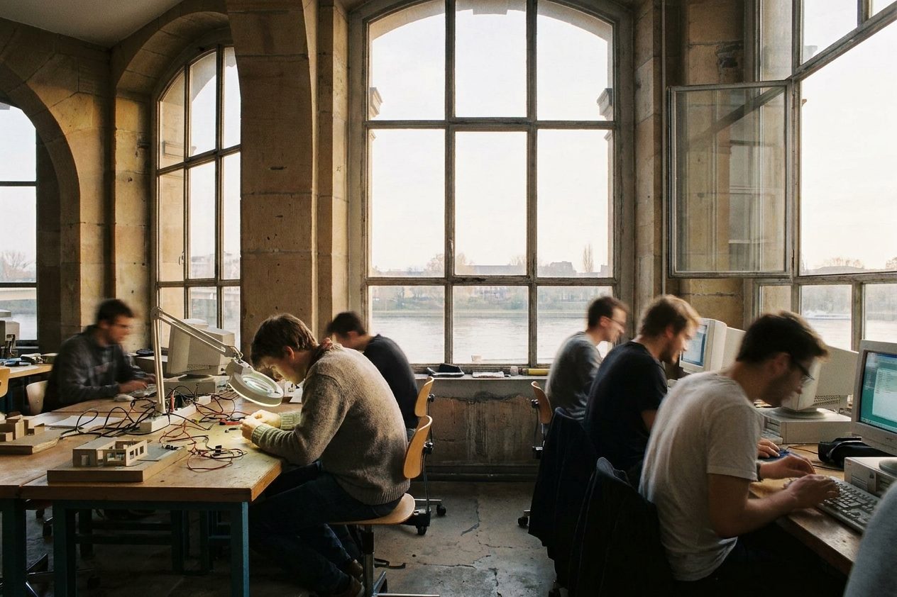 Studierende an Werkbänken und Rechnern in einem hellen Praxislabor einer Hochschule