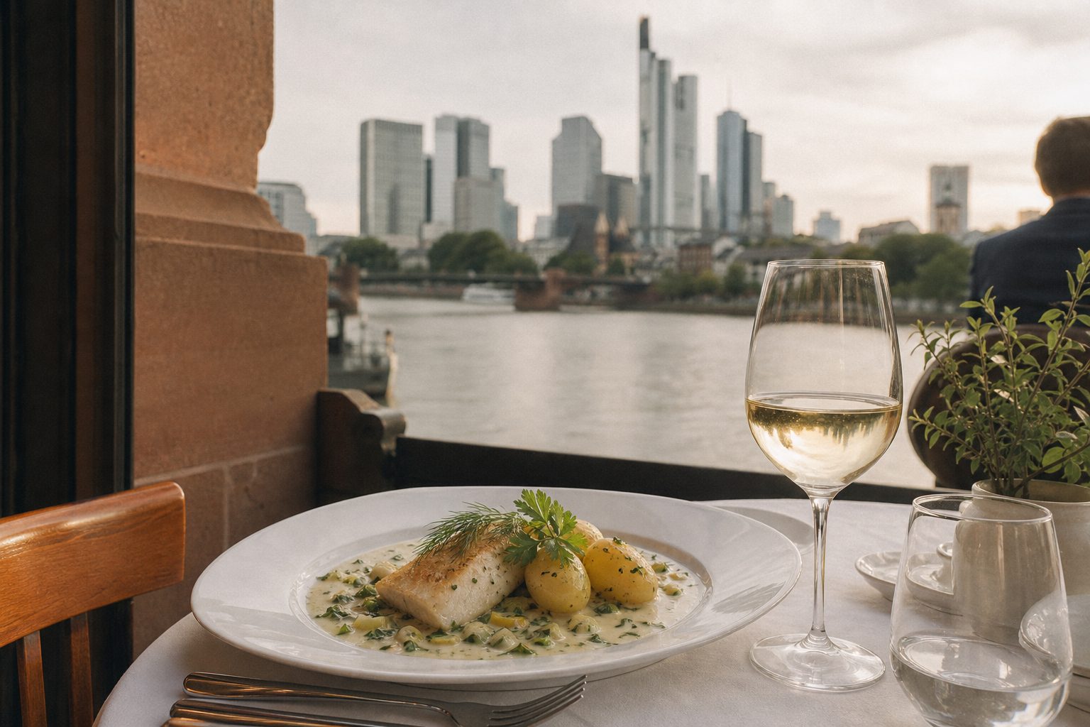 Klassisch angerichtetes französisches Fischgericht mit heller Buttersauce auf weißem Porzellan, daneben ein Glas Weißwein.