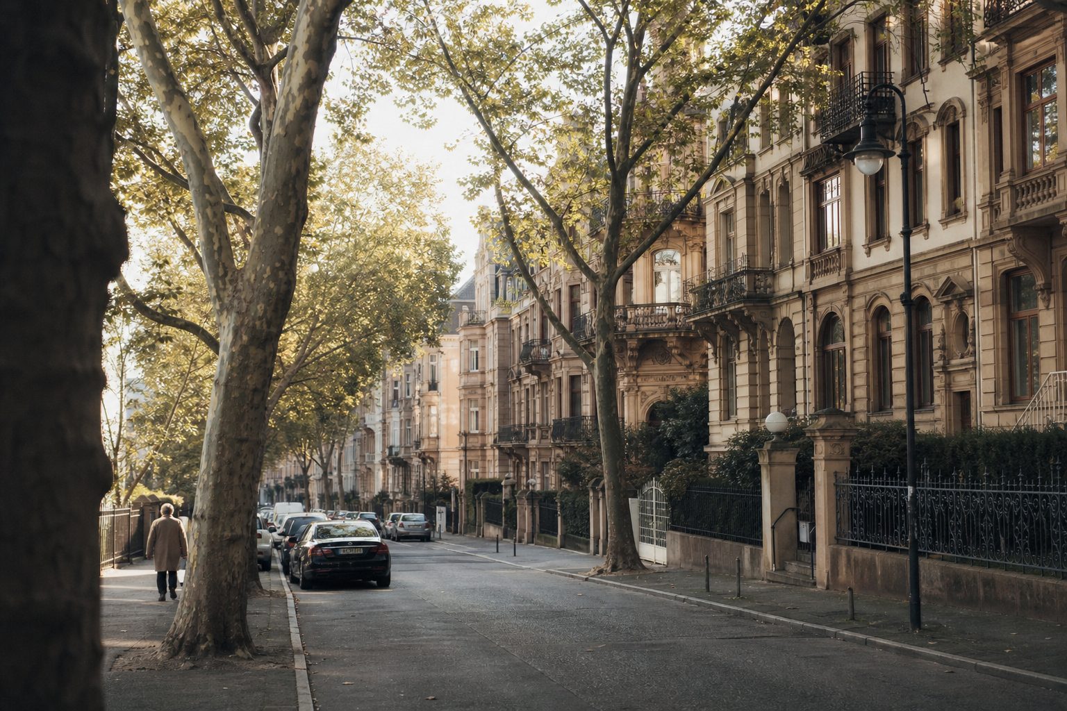 Straße im Frankfurter Westend mit Gründerzeitfassaden und Platanen im weichen Nachmittagslicht.