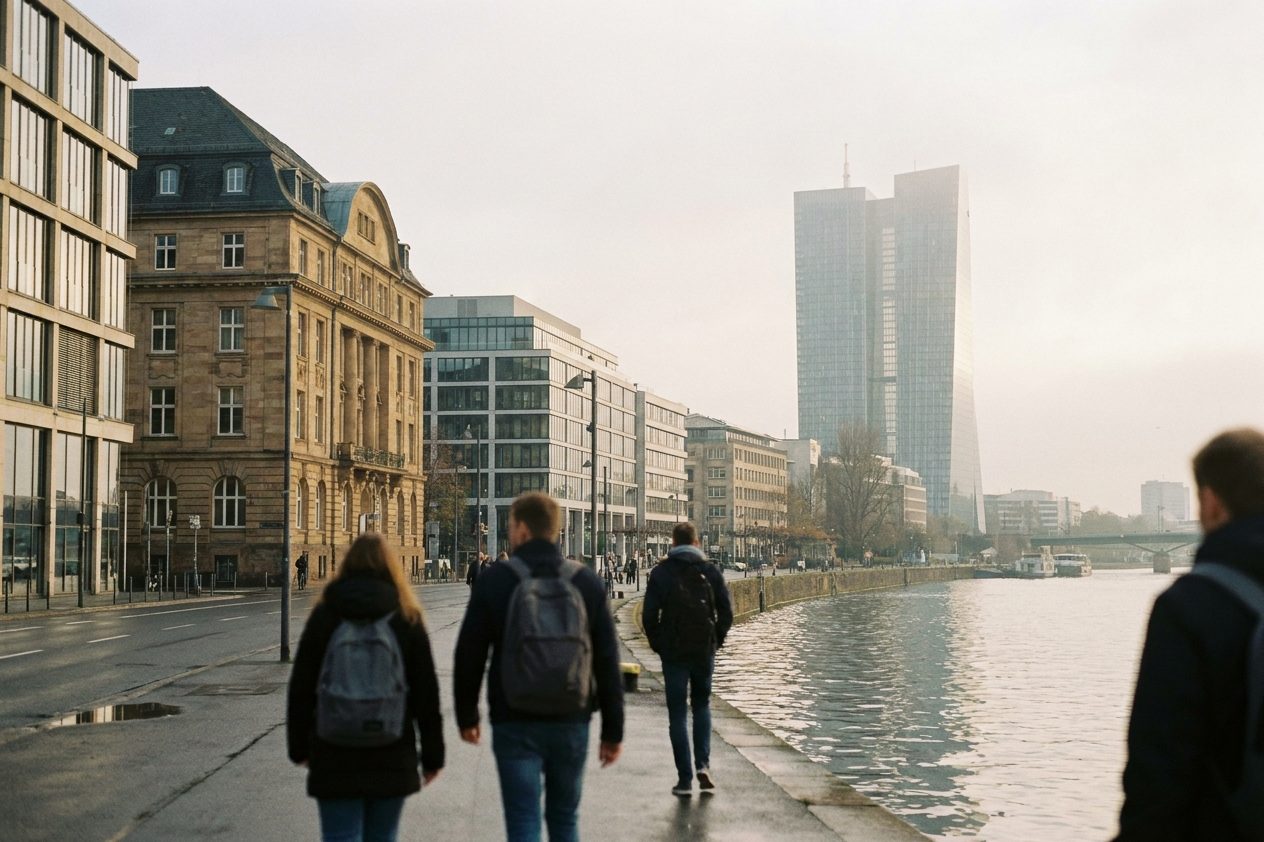 Die Hanauer Landstraße im warmen Nachmittagslicht, im Hintergrund erhebt sich der Doppelturm der Europäischen Zentralbank.