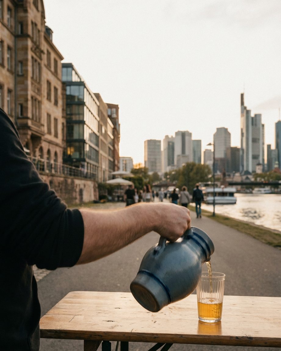 Die Hand einer Bedienung gießt Apfelwein aus einem blaugrauen Bembel in ein geripptes Glas, von der Seite aufgenommen.