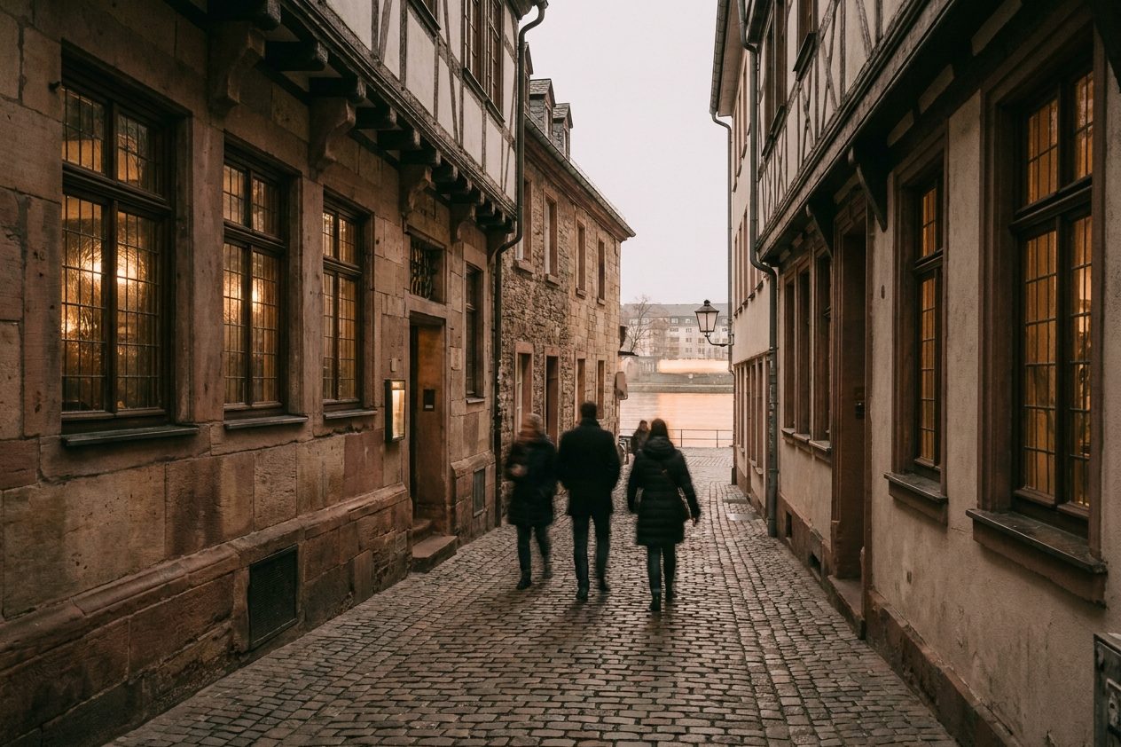 Kopfsteingepflasterte Gasse in Alt-Sachsenhausen in der Dämmerung, warmes Licht fällt aus den Fenstern der Wirtshäuser.