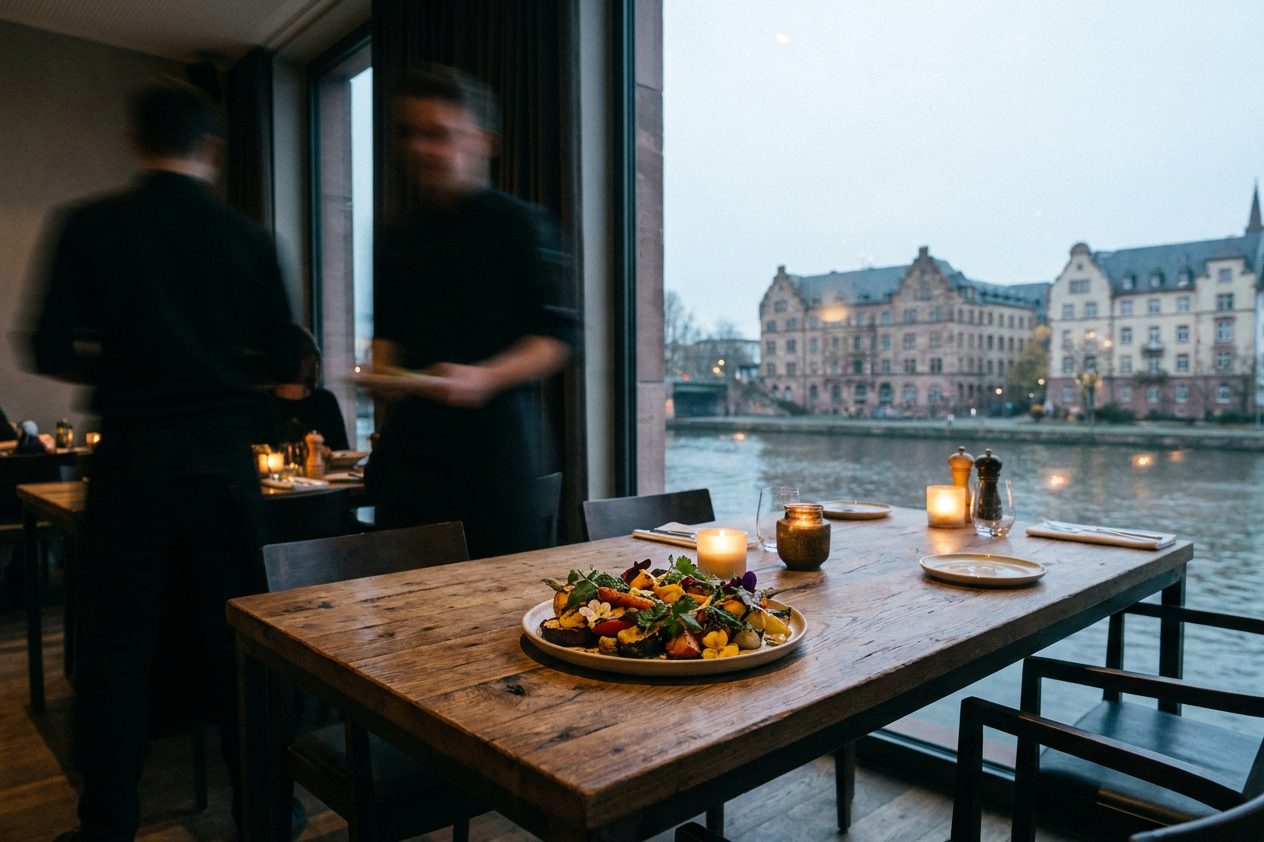 Kunstvoll angerichteter vegetarischer Teller mit Kräutern und jungem Gemüse auf dunklem Holztisch im Kerzenlicht.