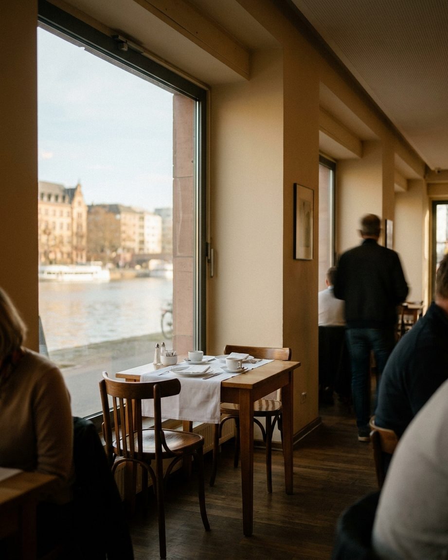 Schmaler, ruhiger Gastraum mit einem einzelnen gedeckten Tisch am bodentiefen Fenster, dahinter unscharf der Main.