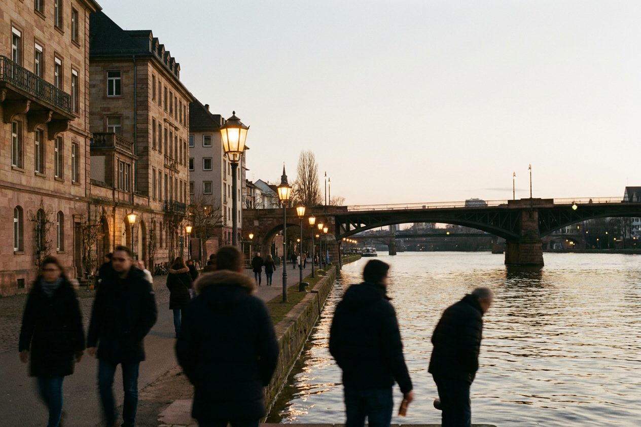 Abendstimmung am Mainkai: Laternenlicht spiegelt sich im dunklen Fluss, die Silhouette der Brücke steht im Gegenlicht.