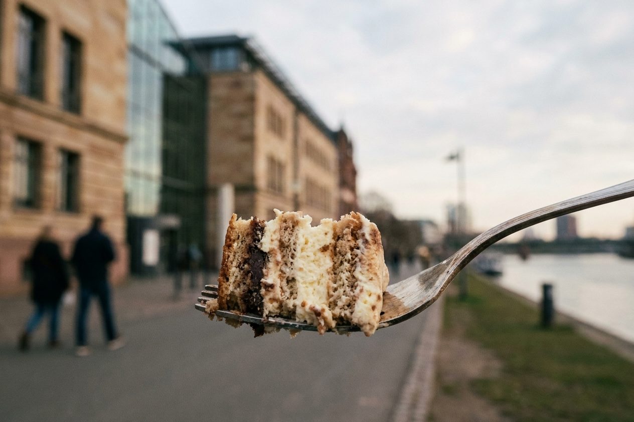 Ein angeschnittenes Stück Frankfurter Kranz auf einer Kuchengabel, die hellen Creme- und gelben Bodenschichten deutlich sichtbar.