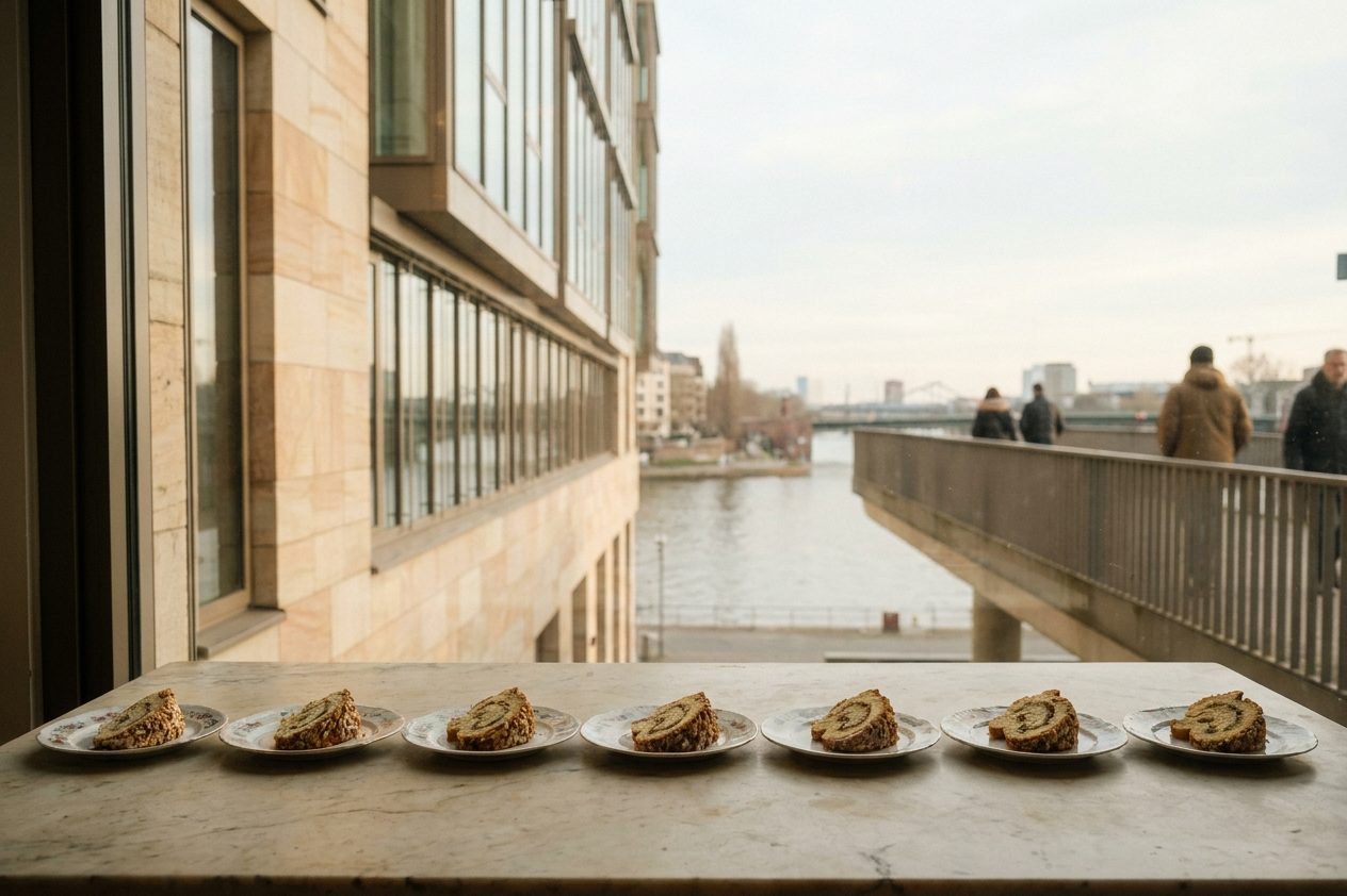 Sieben Kuchenteller mit je einem Stück Frankfurter Kranz nebeneinander auf einem Marmortisch, streng von oben fotografiert.