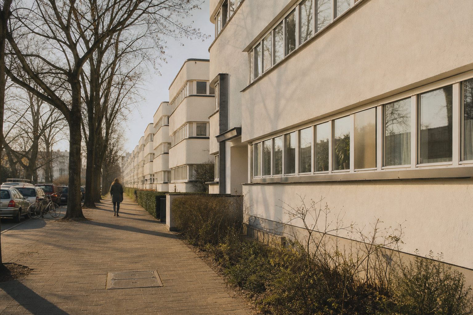 Die weißen Zeilenbauten der Siedlung Römerstadt mit langen Fensterbändern in warmer Morgensonne.