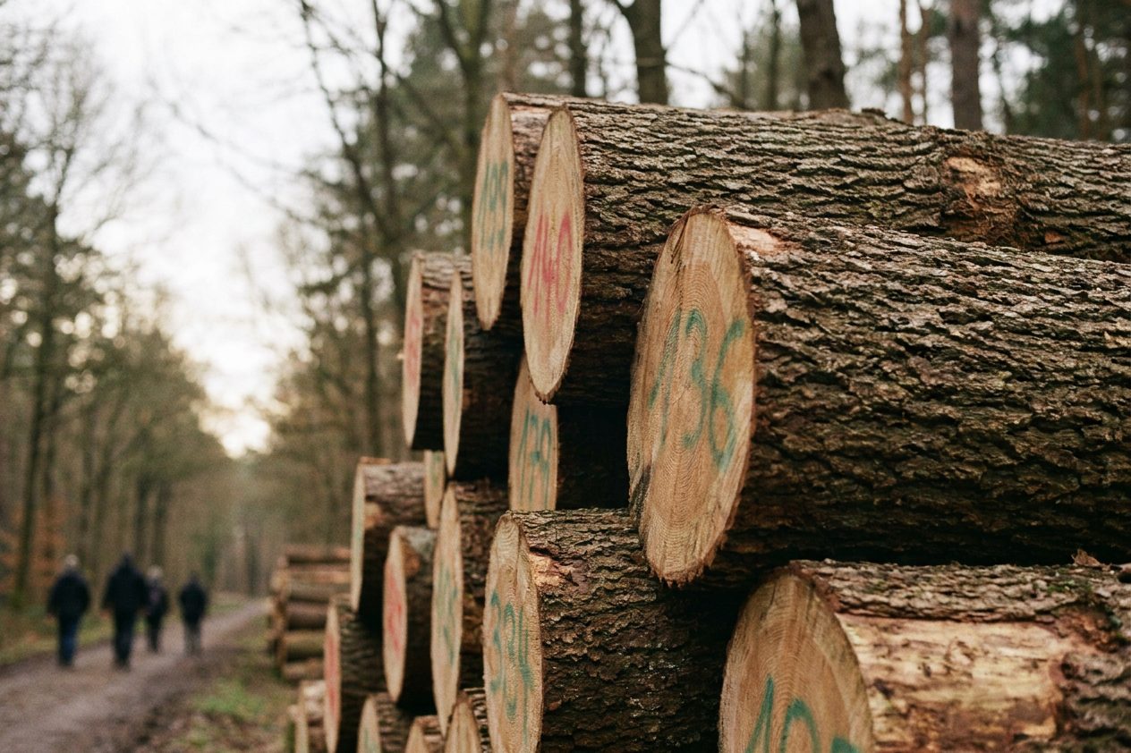 Frisch geschlagene Baumstämme am Waldrand mit farbigen Nummerierungen an den Schnittflächen