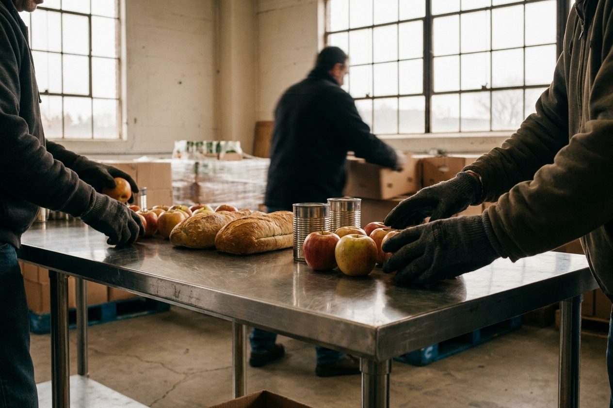 Sortiertisch mit Brot, Äpfeln und Konserven, ordnende Hände in Handschuhen, warmes Hallenlicht.