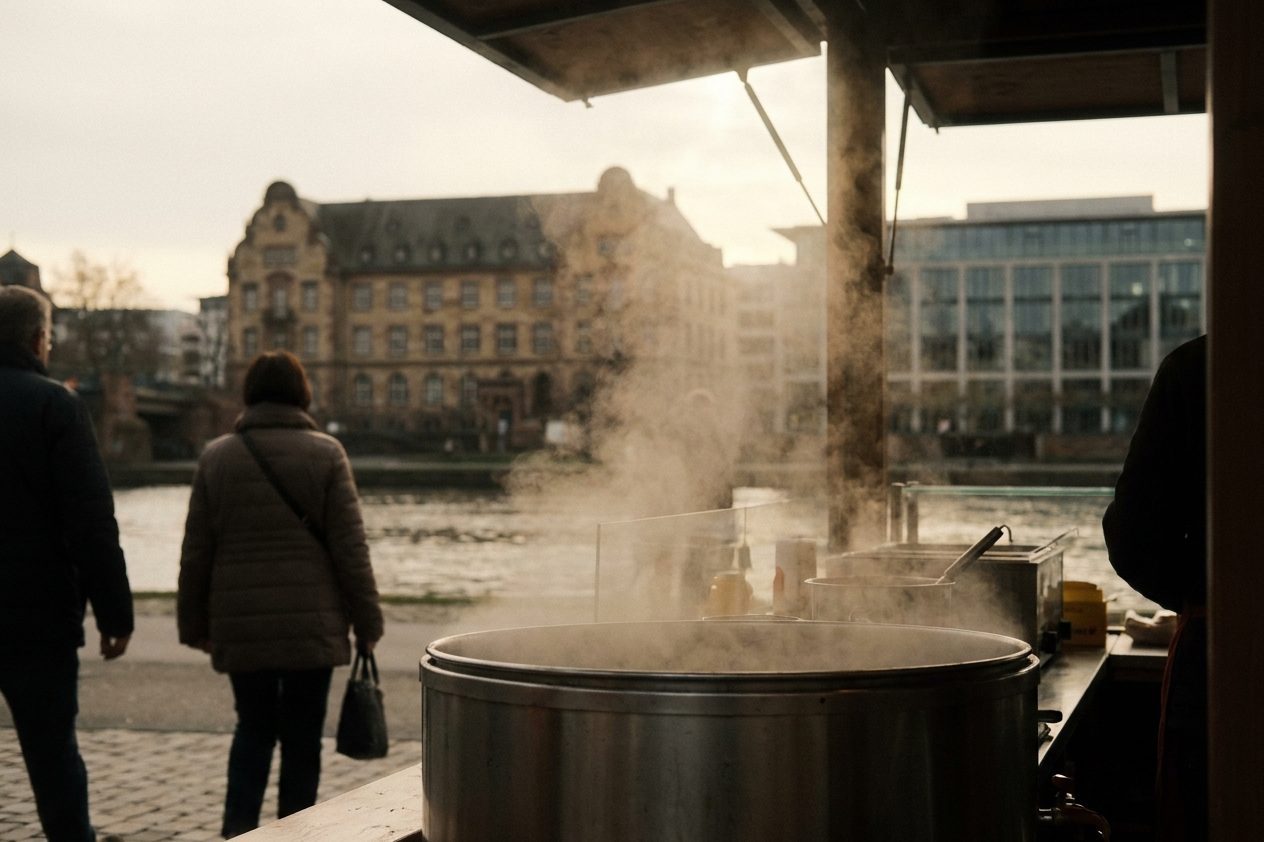 Dampfender Würstchenkessel an einem Marktstand in Nahaufnahme, aufsteigender Wasserdampf im Gegenlicht.