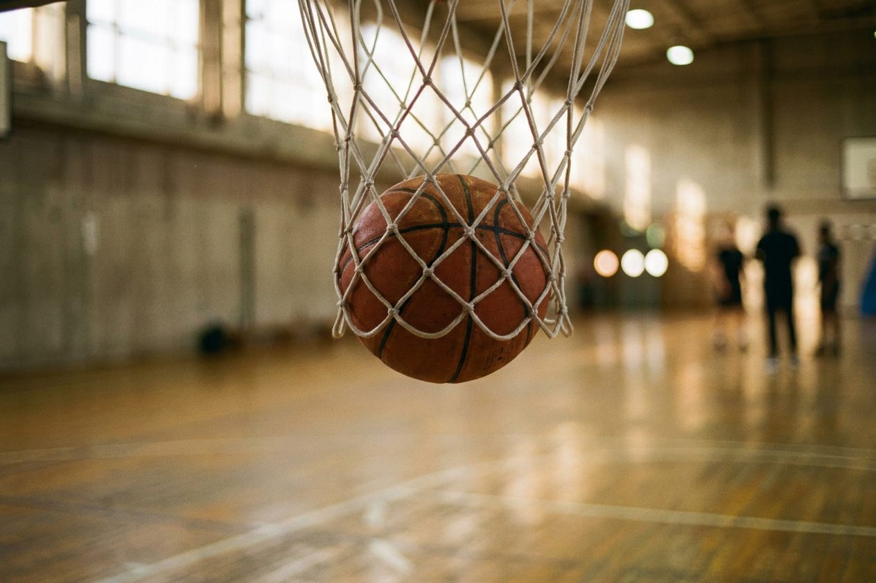 Nahaufnahme eines orangefarbenen Basketballs vor einem Korb mit Netz, Hallenlicht im Hintergrund.