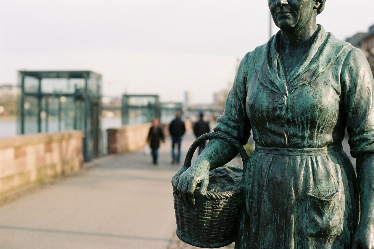 Nahaufnahme der patinierten Bronzefigur der Frau Rauscher mit Korb und Schürze, die grünliche Oberfläche im Streiflicht.