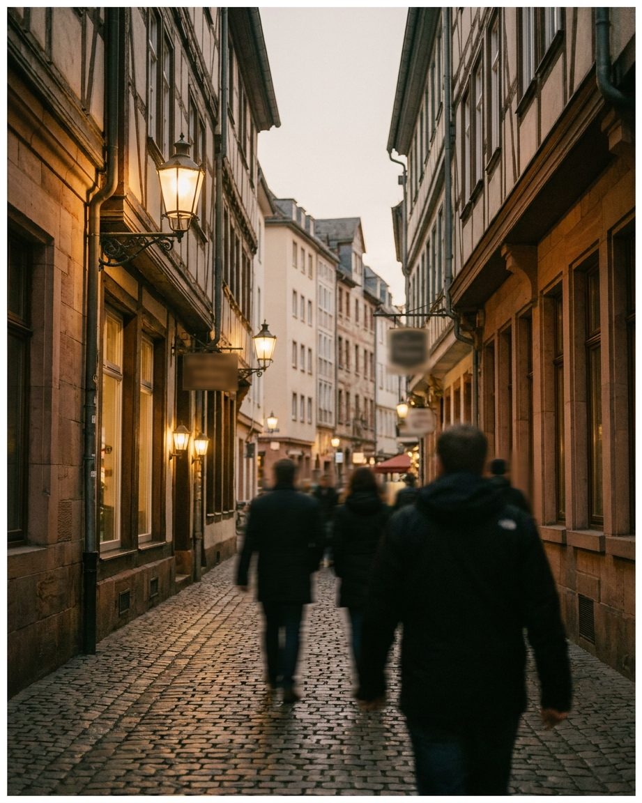 Die enge Klappergasse am Abend, Laternenlicht spiegelt sich im nassen Kopfsteinpflaster zwischen Fachwerkhäusern.