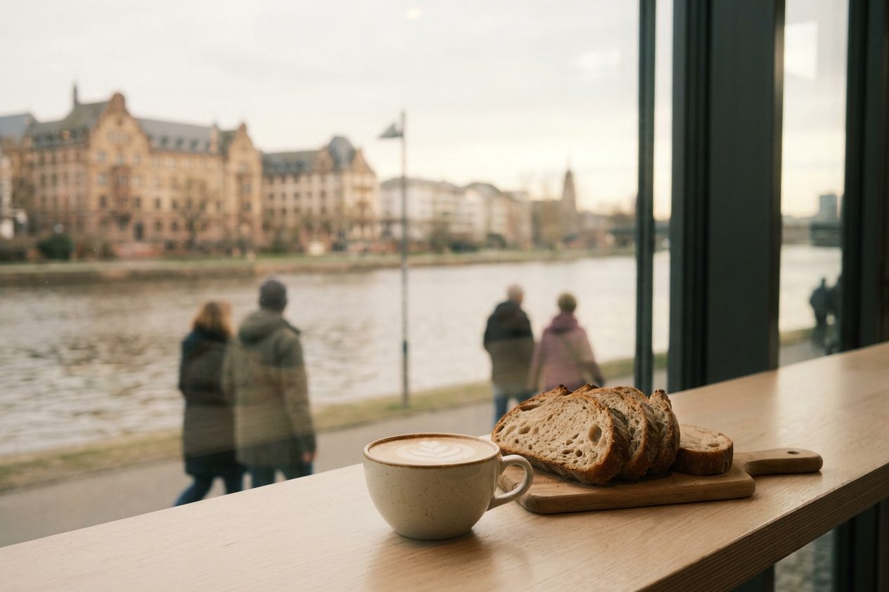 Ein Milchkaffee mit Latte Art steht auf einem hellen Holztresen, daneben liegt aufgeschnittenes Sauerteigbrot.