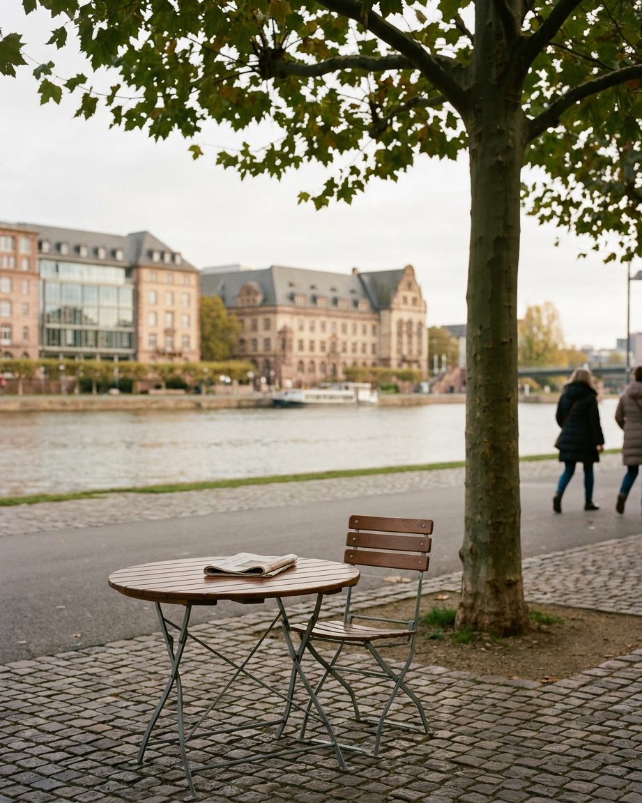 Ein Cafétisch auf dem Bürgersteig unter einem Baum, auf dem leeren Stuhl liegt eine zurückgelassene Zeitung.